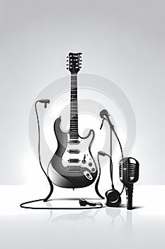 MINIMALIST SILHOUETTE VECTOR OF ELECTRIC GUITAR MUSICAL INSTRUMENTS AND MICROPHONE,WHITE BACKGROUND, SHARP EDGES