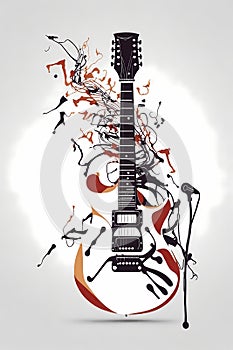 MINIMALIST SILHOUETTE VECTOR OF ELECTRIC GUITAR MUSICAL INSTRUMENTS AND MICROPHONE,WHITE BACKGROUND, SHARP EDGES