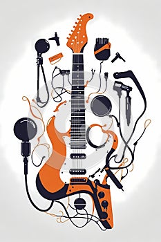 MINIMALIST SILHOUETTE VECTOR OF ELECTRIC GUITAR MUSICAL INSTRUMENTS AND MICROPHONE,WHITE BACKGROUND, SHARP EDGES