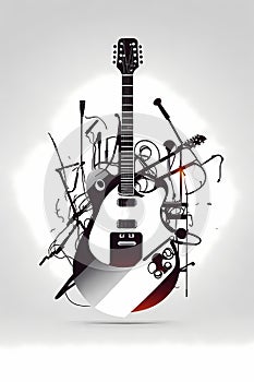 MINIMALIST SILHOUETTE VECTOR OF ELECTRIC GUITAR MUSICAL INSTRUMENTS AND MICROPHONE,WHITE BACKGROUND, SHARP EDGES