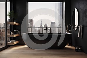 interior furniture modern black bathtub wood luxury home basin bathroom design. Generative AI.