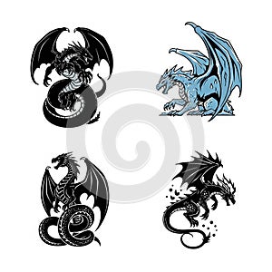 Minimal black silhouettes of shadow dragon ice wyrm magma drake