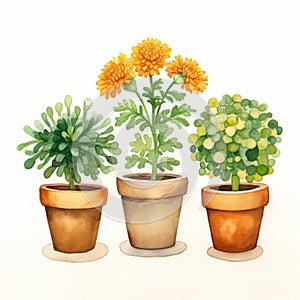 Minimalist Southwest Watercolor Illustration Of Three Potted Plants