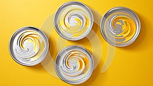 Minimalist Spiral Aluminum Can Set On Yellow Background photo