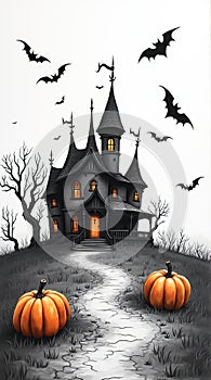 Minimalist Spooky Halloween Landscape with Haunted House and Bats photo