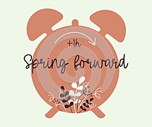 Minimalist Spring Forward poster with Alarm clock silhouette. Springtime concept in flat style with leaves. Arrow indicates