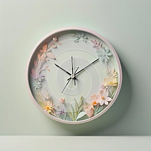 Minimalist spring-themed clock, subtle floral design, elegant pastel tones, concept of time and renewal