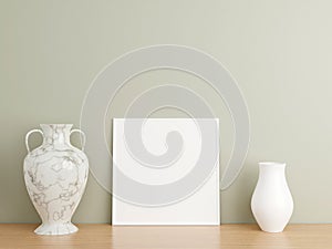 Minimalist square white poster or photo frame mockup on wooden floor leaning against the wall. 3D Rendering
