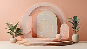 Minimalist Stage Design Featuring Elegant Archways in Harmonious Soft Peach and Cream Hues, Thoughtfully Adorned with Lush photo
