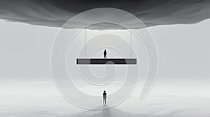 Minimalist Stage Design: People Standing Above Grey Cloud