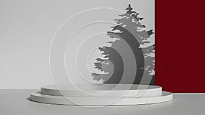 Minimalist Stage with Pine Tree Shadow and Red Accent
