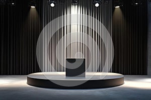 Minimalist Stage Setup with Spotlight and Black Cube