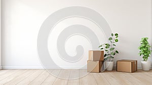 Minimalist Staging: Empty Room With Cardboard Boxes And Plants