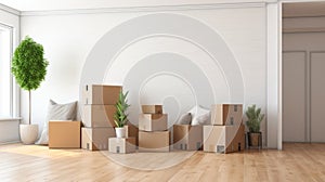 Minimalist Staging: Moving Boxes And Potted Plant In Empty Room