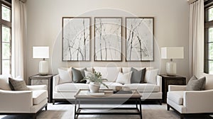 Minimalist Staging: A Neutral Home With Ethereal Trees And Large Paintings