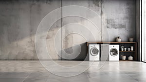 Minimalist Staging: Washing Machine In Concrete Room 3d Render Stock Photo