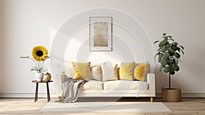 Minimalist Staging: White Sofa With Yellow Pillows And Vintage Imagery