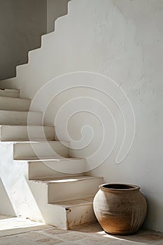 Minimalist stairs with rustic pottery, suitable for interior design. AI Generated