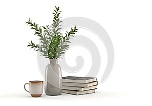A minimalist still life composition featuring a vase of greenery a stack of books and a mug on a white surface