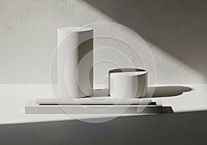 Minimalist still life featuring cylindrical objects and linear forms under dramatic shadow play