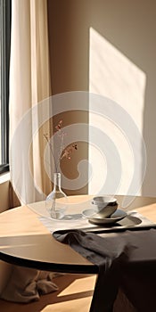 Minimalist Still Life: Table With White Tablecloth Near Window