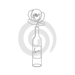Minimalist style bottle with rose flower. Romantic line art for print, tattoo, poster or card. One line drawing with wine bottle