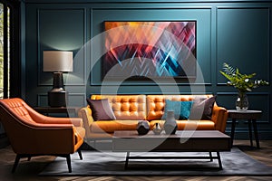 minimalist style home interior design of modern living room. orange leather sofa against dark paneling wall with colorful abstract