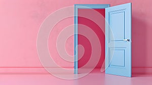 Minimalist style interior design concept with an open blue door and pink wall. Simple and elegant home decor inspiration