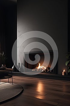 Minimalist stylish living room interior in dark colors with modern fireplace