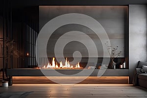 Minimalist stylish living room interior with modern fireplace