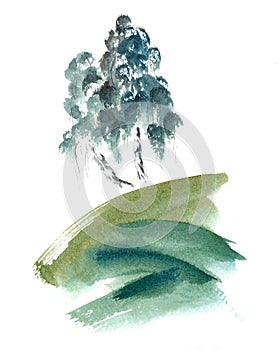 Minimalist stylized couple birch trees on green hill on white. Hand drawn watercolors on paper textures. Raster