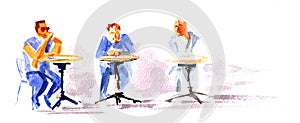Minimalist stylized sketch with three man seating at the round tables on white. Hand drawn watercolor with paper texture. Raster