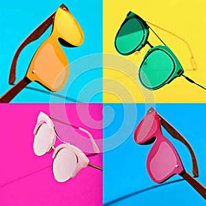 Minimalist summer collage with different vivid retro shaped sunglasses.