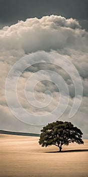 Minimalist summer landscape basking under the bright sun, sparse trees dotting the horizon, clear blue sky