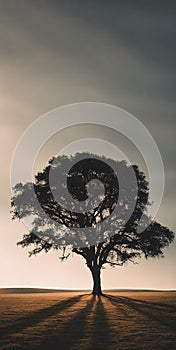 Minimalist summer landscape basking under the bright sun, sparse trees dotting the horizon, clear blue sky