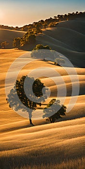 Minimalist summer landscape basking under the bright sun, sparse trees dotting the horizon, clear blue sky