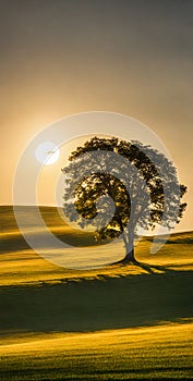 Minimalist summer landscape basking under the bright sun, sparse trees dotting the horizon, clear blue sky