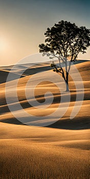 Minimalist summer landscape basking under the bright sun, sparse trees dotting the horizon, clear blue sky