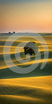 Minimalist summer landscape basking under the bright sun, sparse trees dotting the horizon, clear blue sky