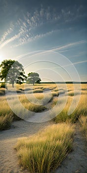 Minimalist summer landscape basking under the bright sun, sparse trees dotting the horizon, clear blue sky