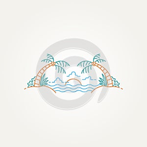 minimalist summer tropical island line art icon logo template vector illustration design. simple modern tropical beach vacation