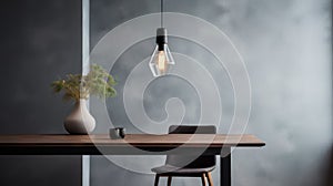 Minimalist Table With Hanging Lamp: Dark Gray And Light Black Design