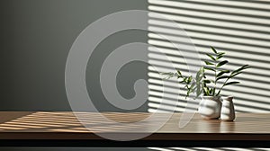 Minimalist Table With Potted Plant: Juxtaposition Of Light And Shadow