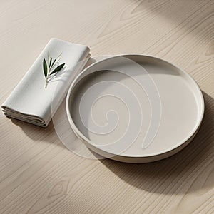 A minimalist table setting features a round, beige ceramic plate placed on a light