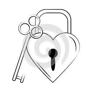 Minimalist tattoo boho padlock shaped heart and key line art icon over white background