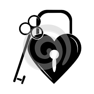 Minimalist tattoo boho padlock shaped heart and key silhouette art icon over white background