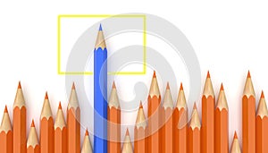 Minimalist template with copy space by top view close up Blue Pencil combine with yellow square Concept and Orange Pencil