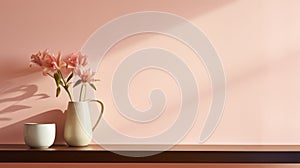 Minimalist Terracotta Vase With Pink Flowers On Wall Shelf At Sunrise