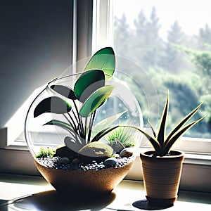 Minimalist terrarium sitting on a sunlit windowsil.