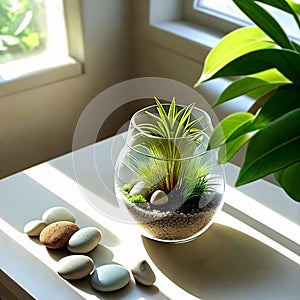 Minimalist terrarium sitting on a sunlit windowsil.
